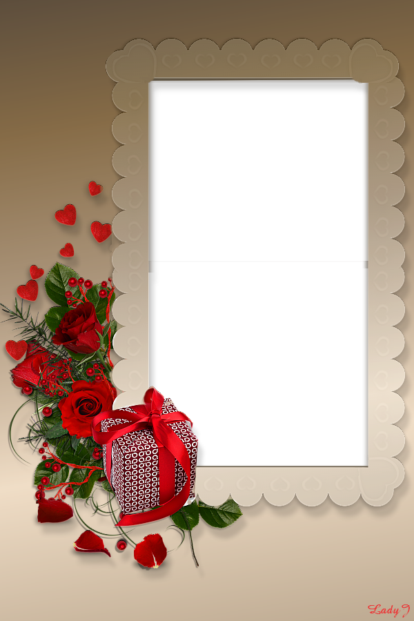 valentin napi képkeret, piros rózsákkal és szívekkel